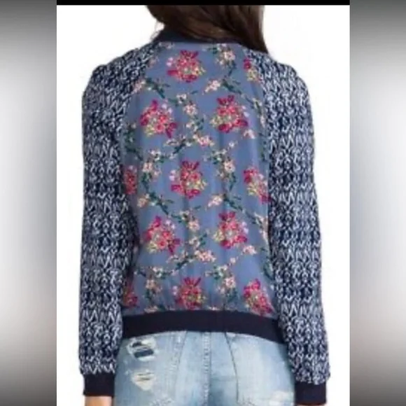 Free People Blue Floral Bomber Jacket with Navy Knit Sleeves - Picture 3 of 6